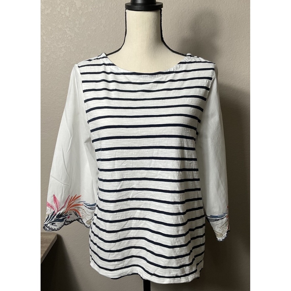 Chico's Cotton Embroidered Sleeve Mixed Media Blouse Size 1
